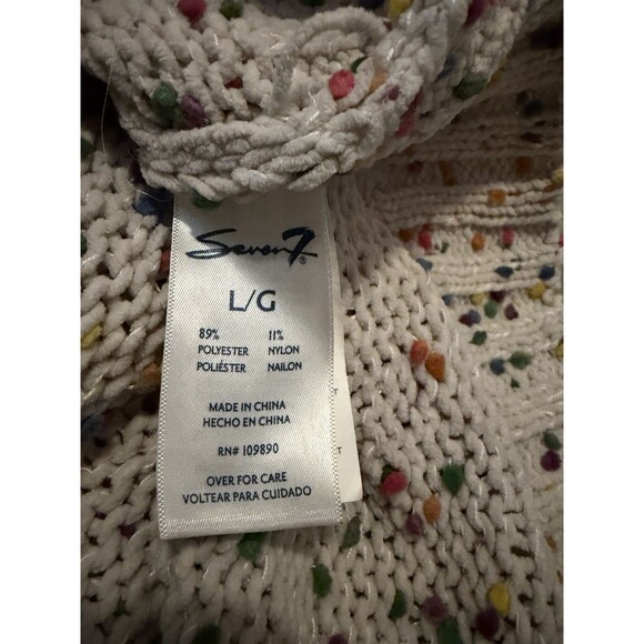 Seven 7 Rainbow Chunky Knit Sweater Women’s Large Popcorn White Pom Pom Cream - Picture 6 of 6